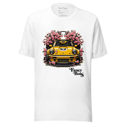 Fancy Bois Yellow Porsche 911 Carrera Cherry Blossom White Tee